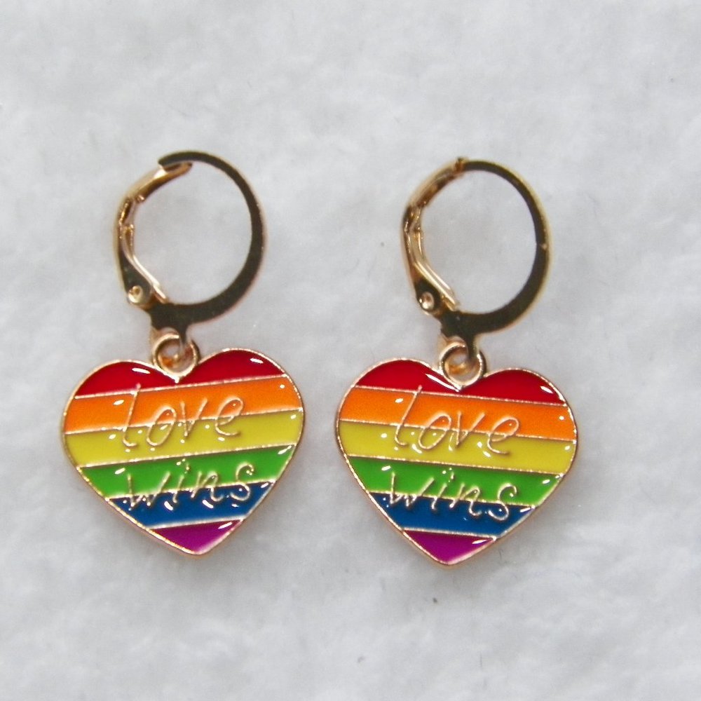 Gay Pride Rainbow Heart Drop Earrings "LOVE WINS"